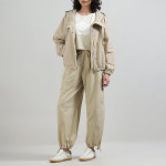 Women Beige Solid Hooded Jacket